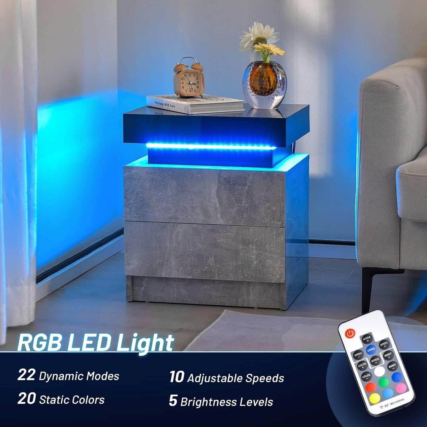 ED Bedside Table with 2 Drawers, Modern High Gloss Nightstand with RGB Lights - Kwikley