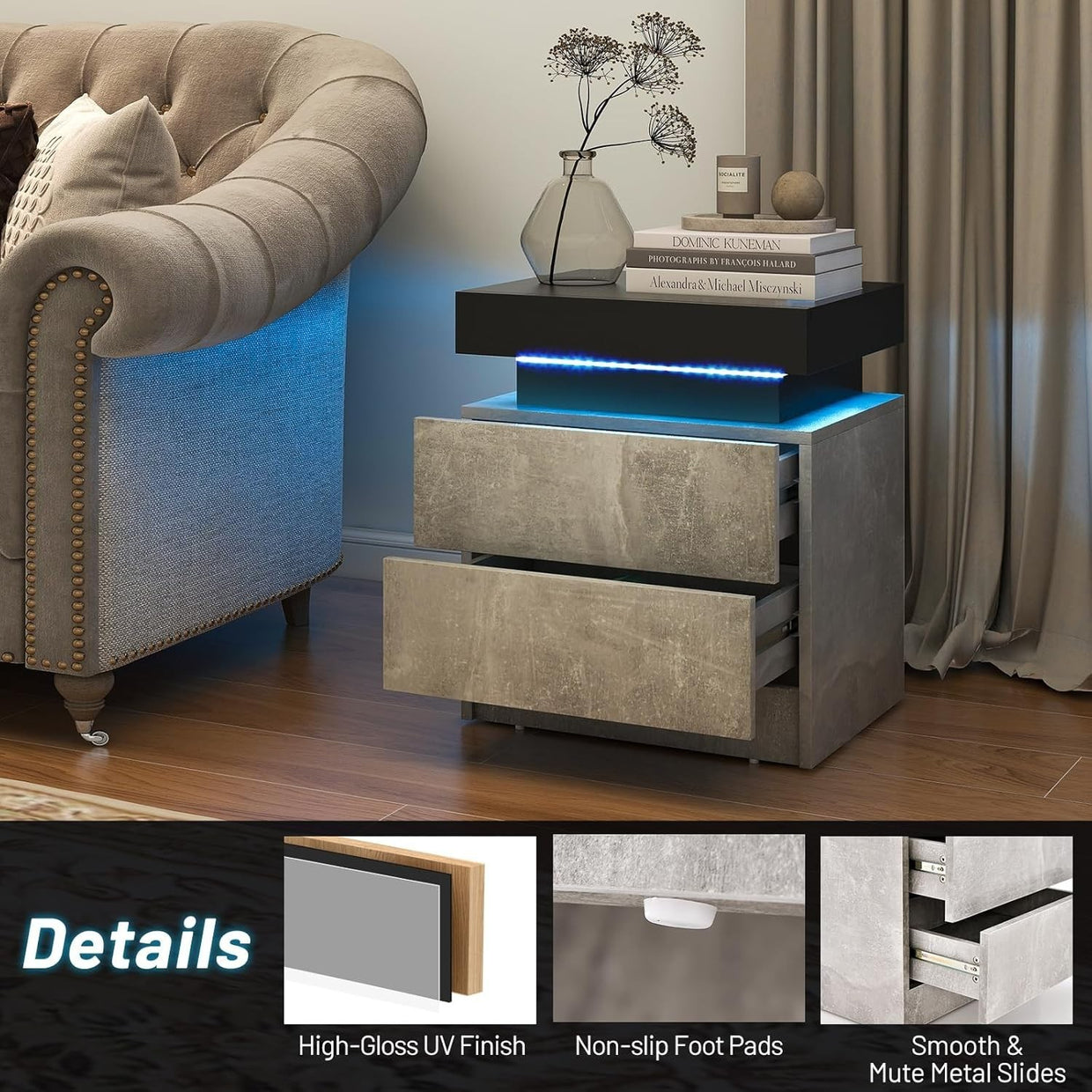 ED Bedside Table with 2 Drawers, Modern High Gloss Nightstand with RGB Lights - Kwikley