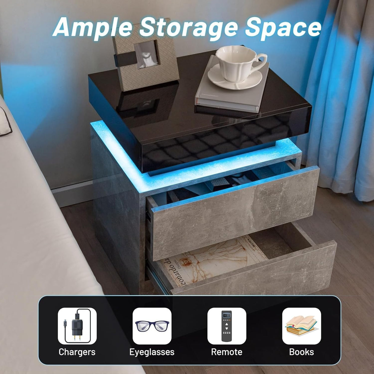 ED Bedside Table with 2 Drawers, Modern High Gloss Nightstand with RGB Lights - Kwikley