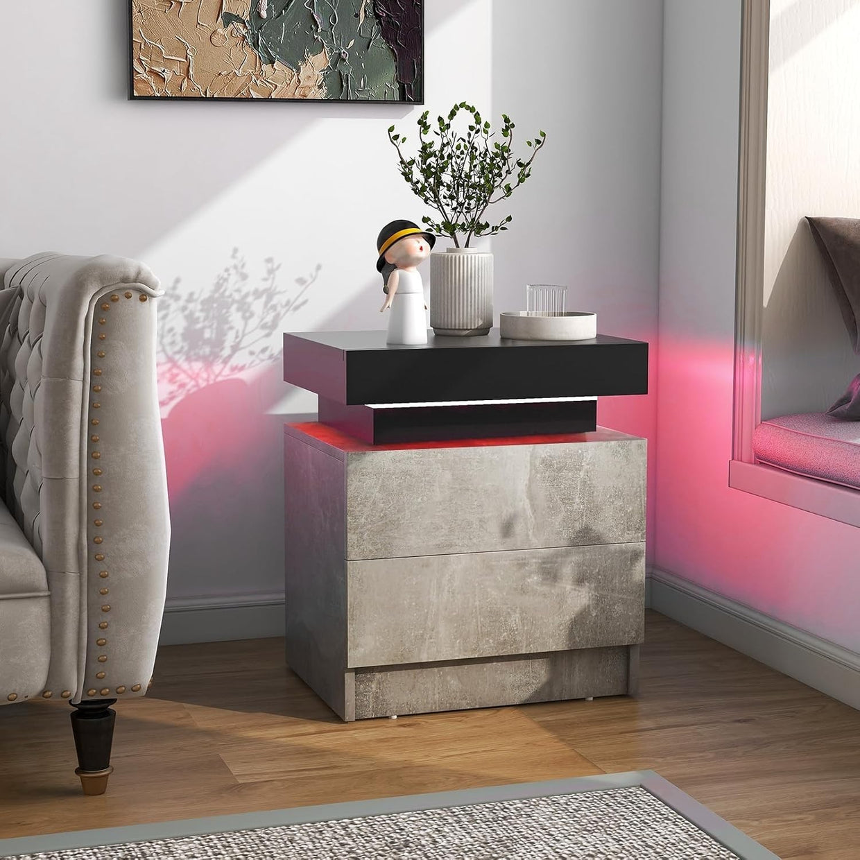 ED Bedside Table with 2 Drawers, Modern High Gloss Nightstand with RGB Lights - Kwikley