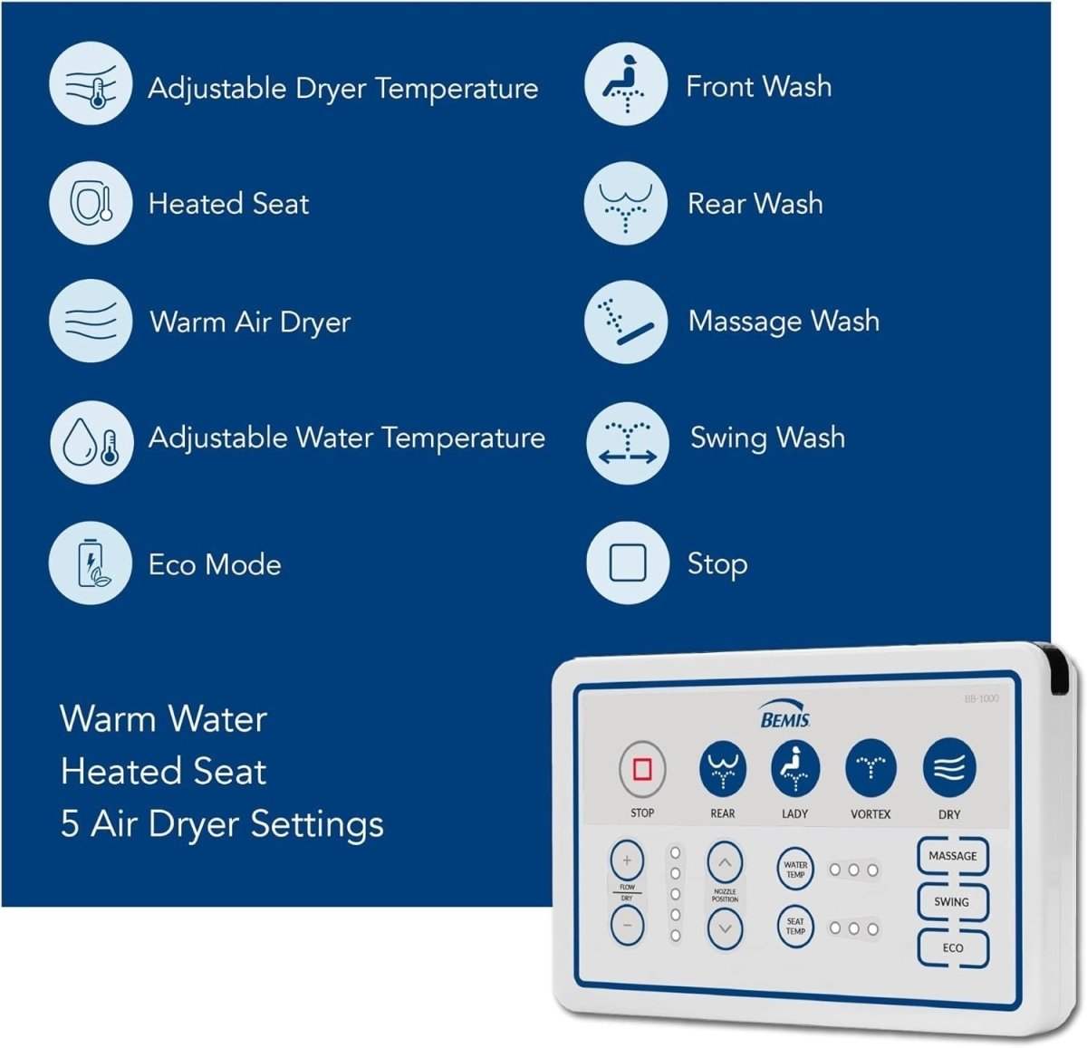 Electric Bidet Toilet Seat White Soft Close Warm Water Dryer Smart Remote - Kwikley