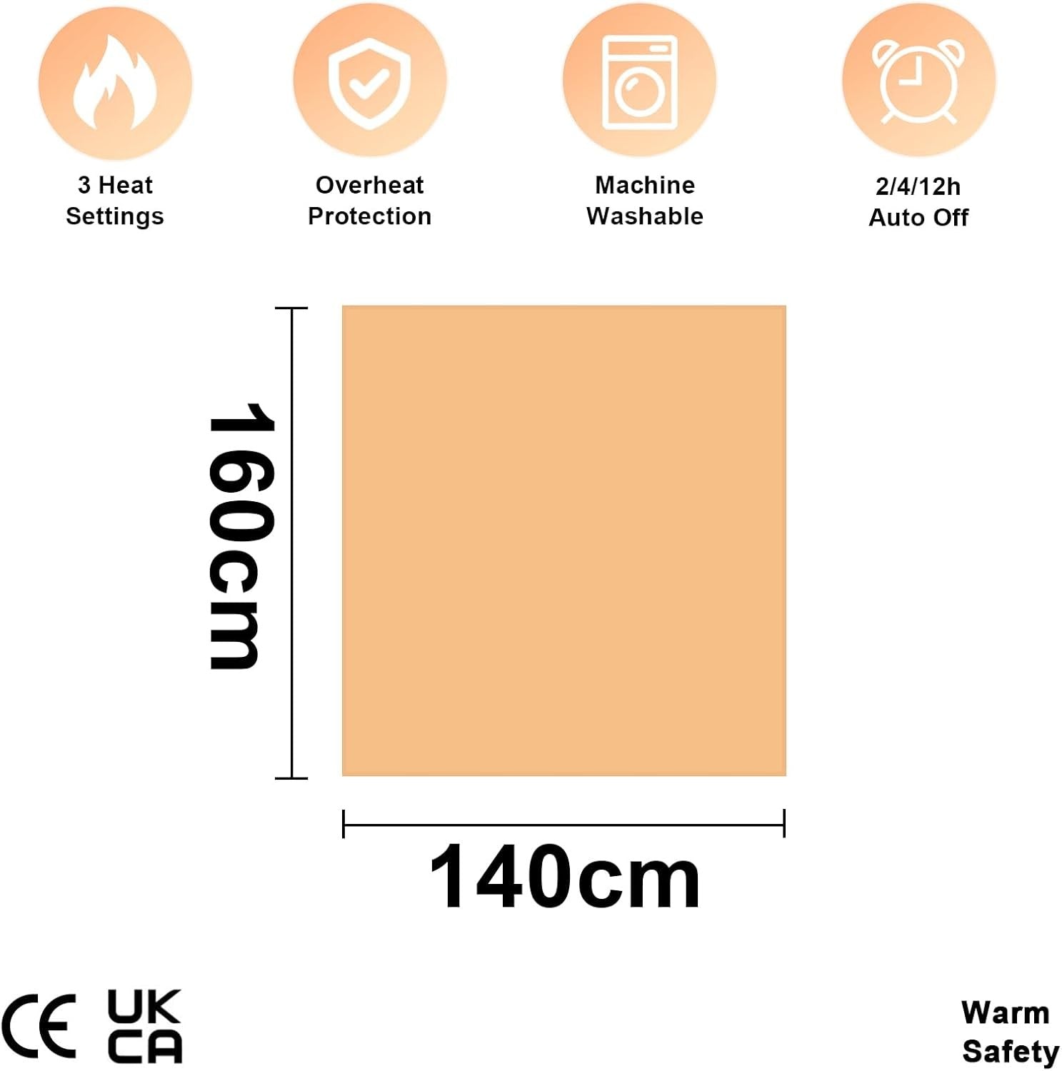 Electric Double Heated Underblanket 160x140cm 3 Heat Settings Auto Timer - Kwikley