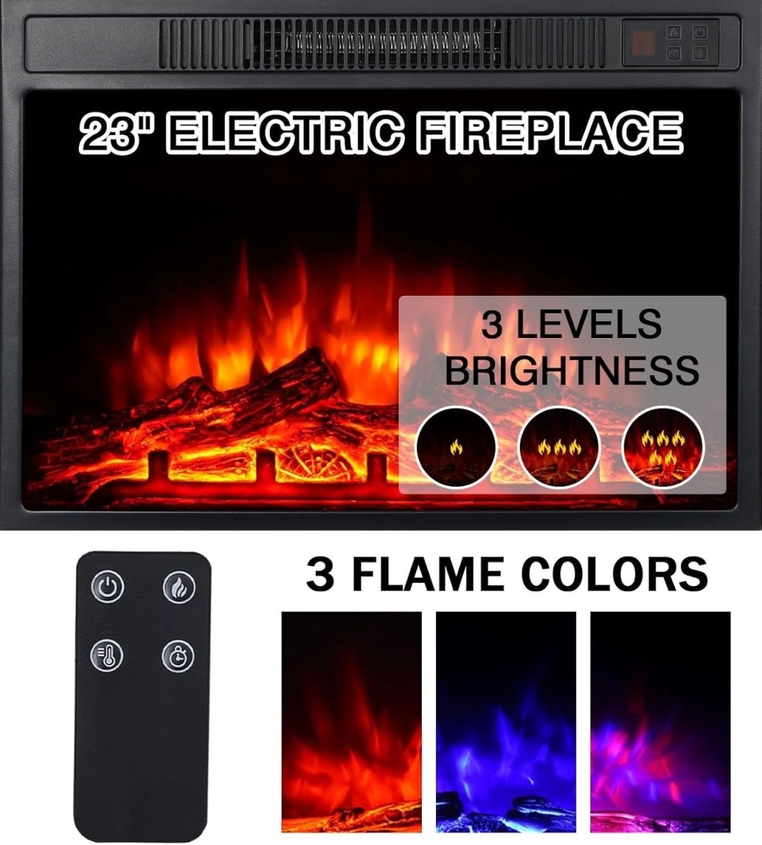 Electric Fireplace Suite 23” LED Flame Remote 900W/1800W Modern Heater - Kwikley