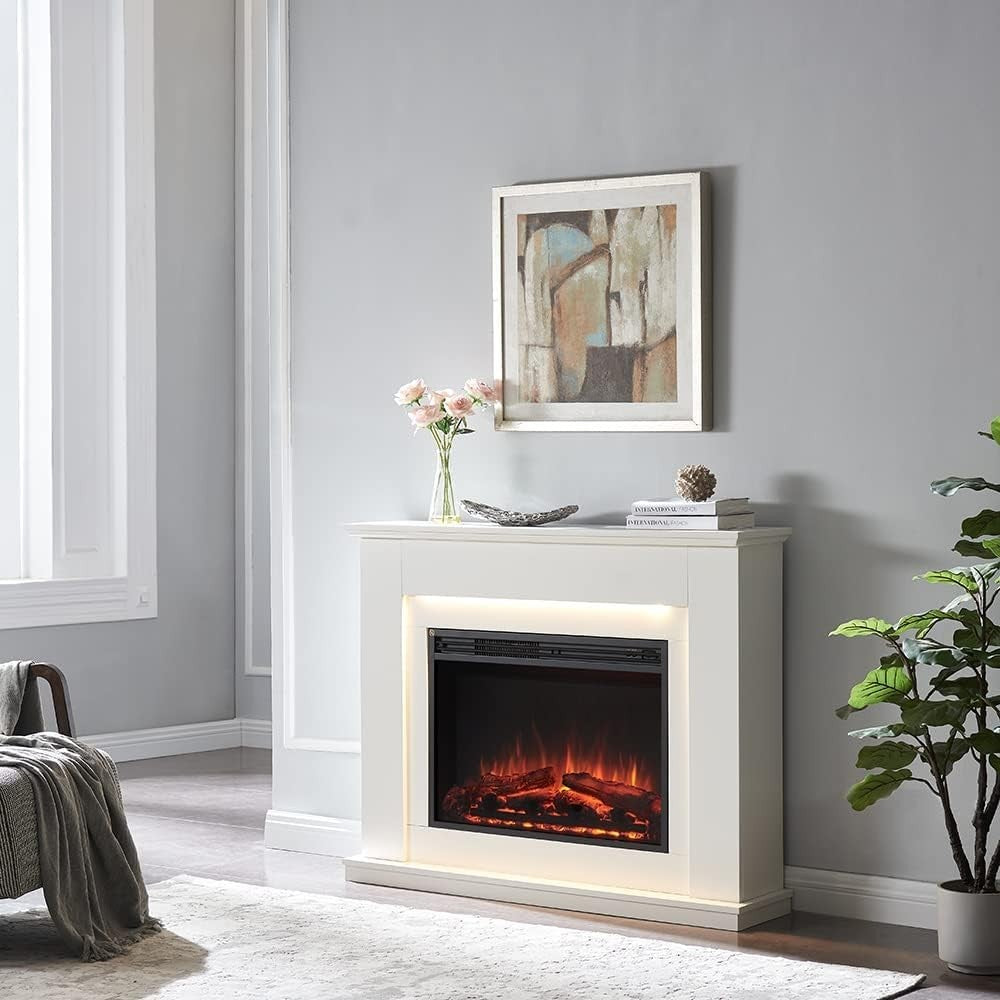 Electric Fireplace Suite 44" White LED Flame Heater Modern Freestanding - Kwikley