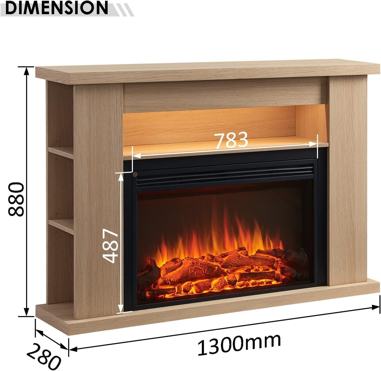 Electric Fireplace Suite Heater 2000W LED Flame Oak Shelf 51" Remote - Kwikley