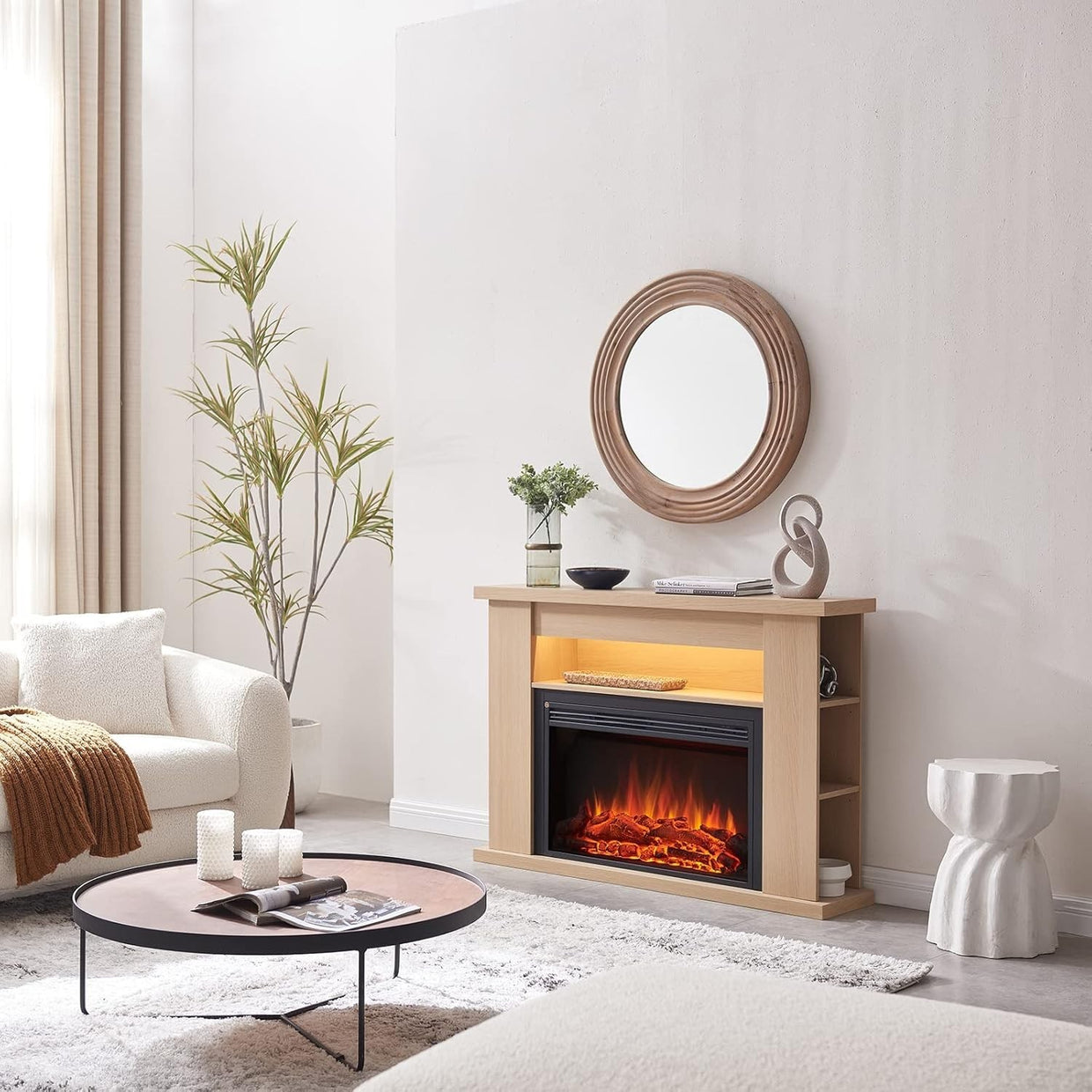 Electric Fireplace Suite Heater 2000W LED Flame Oak Shelf 51" Remote - Kwikley