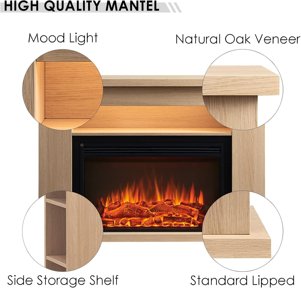 Electric Fireplace Suite Heater 2000W LED Flame Oak Shelf 51" Remote - Kwikley