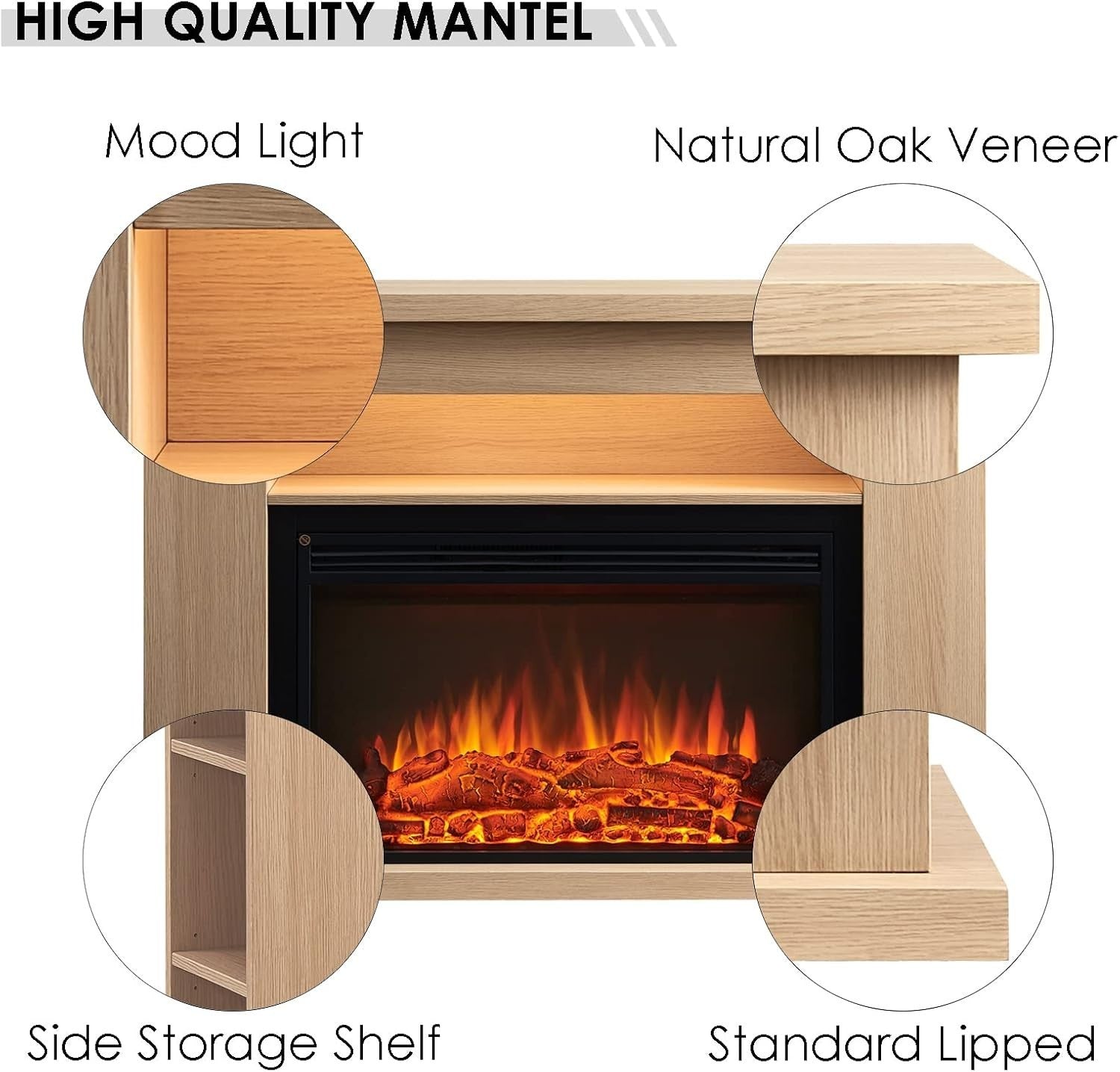 Electric Fireplace Suite Heater 2000W LED Flame Oak Shelf 51" Remote - Kwikley