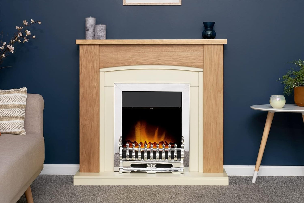 Electric Fireplace Suite Oak Cream Chrome 2kW LED Heater 39" Freestanding - Kwikley