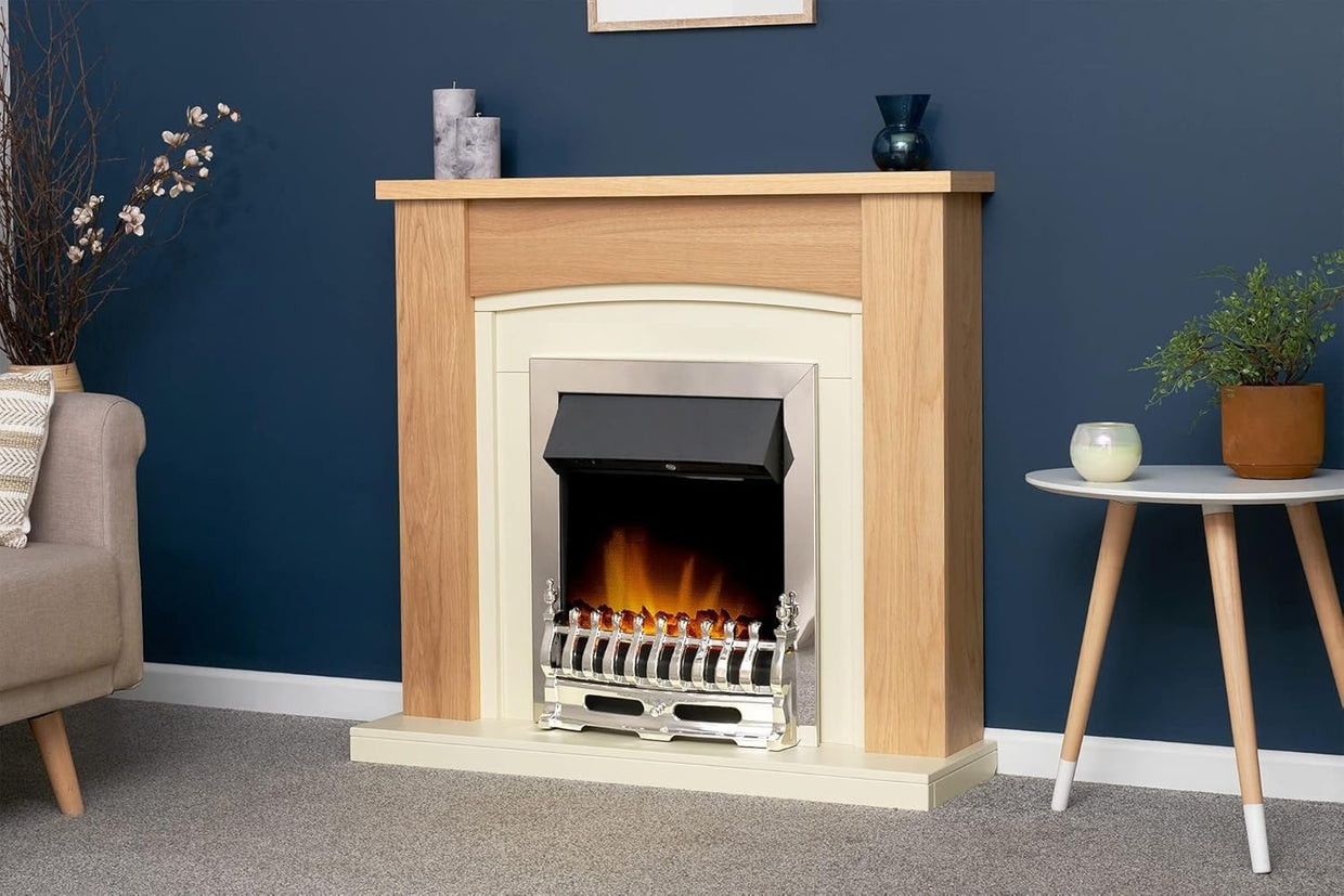Electric Fireplace Suite Oak Cream Chrome 2kW LED Heater 39" Freestanding - Kwikley