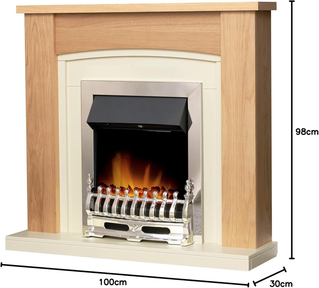 Electric Fireplace Suite Oak Cream Chrome 2kW LED Heater 39" Freestanding - Kwikley