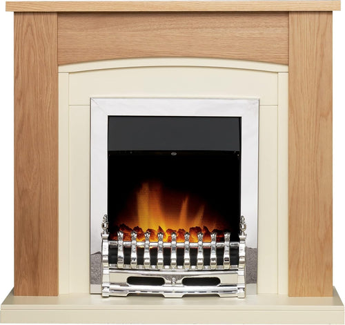 Electric Fireplace Suite Oak Cream Chrome 2kW LED Heater 39" Freestanding - Kwikley