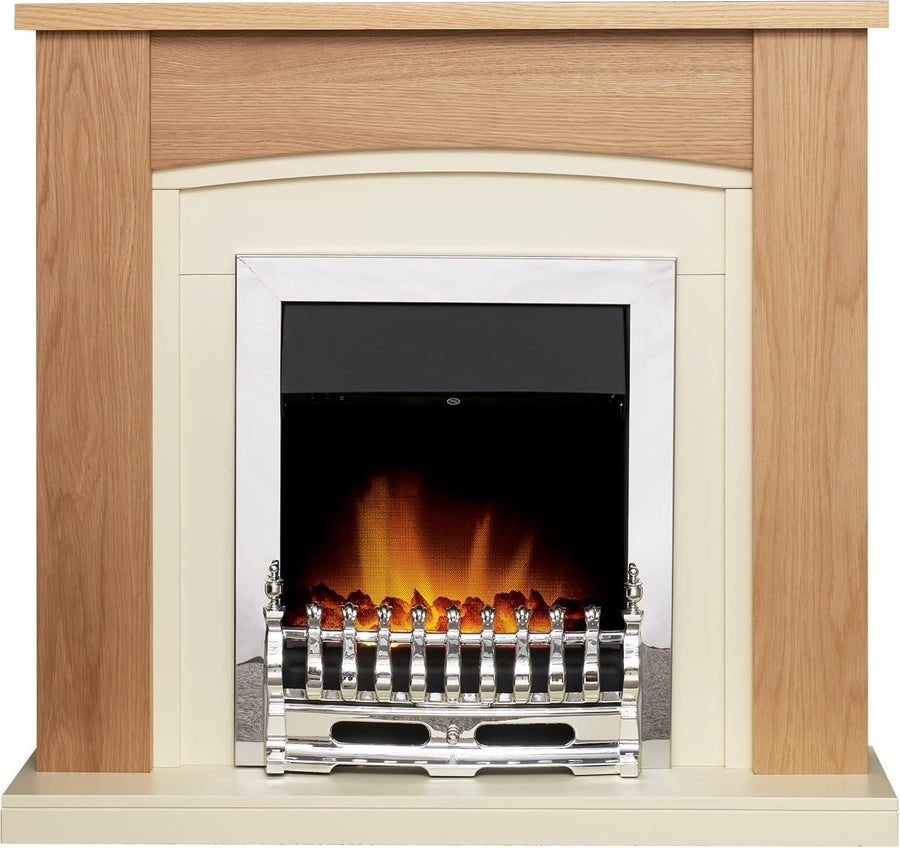 Electric Fireplace Suite Oak Cream Chrome 2kW LED Heater 39" Freestanding - Kwikley