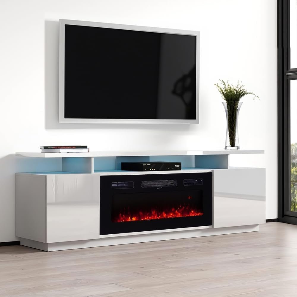 Electric Fireplace TV Stand White Media Console 12 LED Flames 900W/1800W - Kwikley