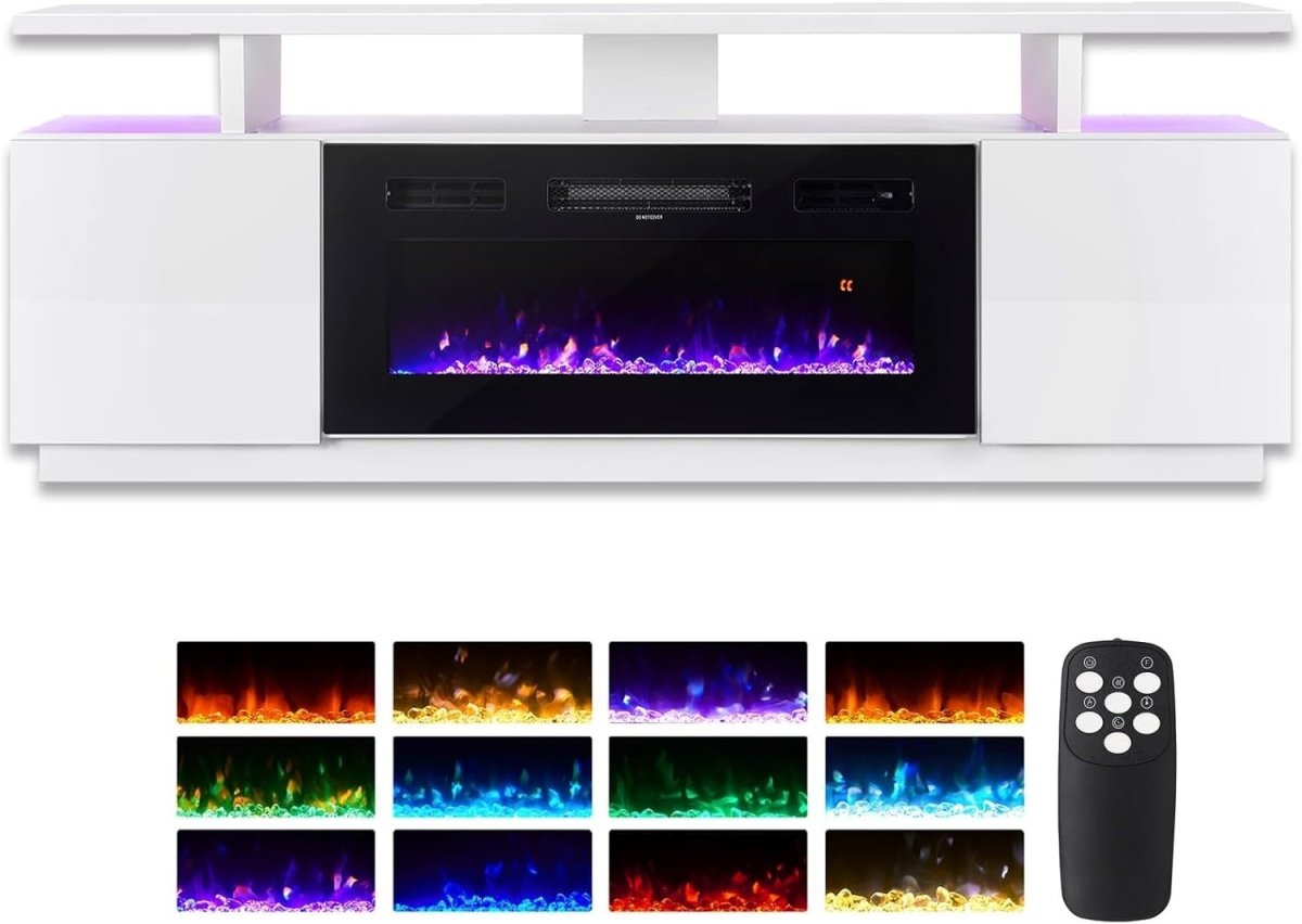 Electric Fireplace TV Stand White Media Console 12 LED Flames 900W/1800W - Kwikley