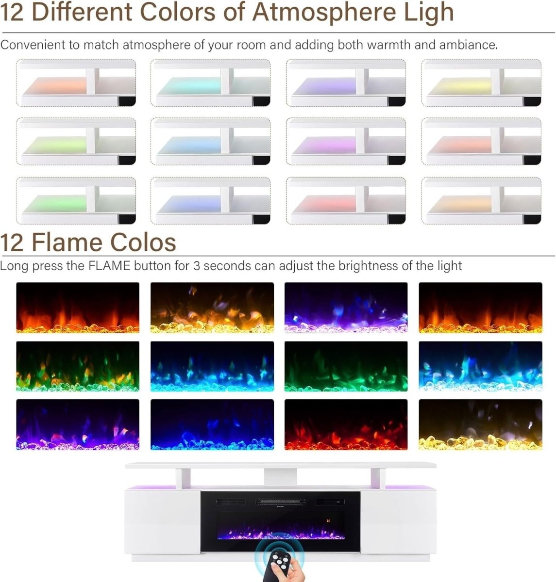 Electric Fireplace TV Stand White Media Console 12 LED Flames 900W/1800W - Kwikley