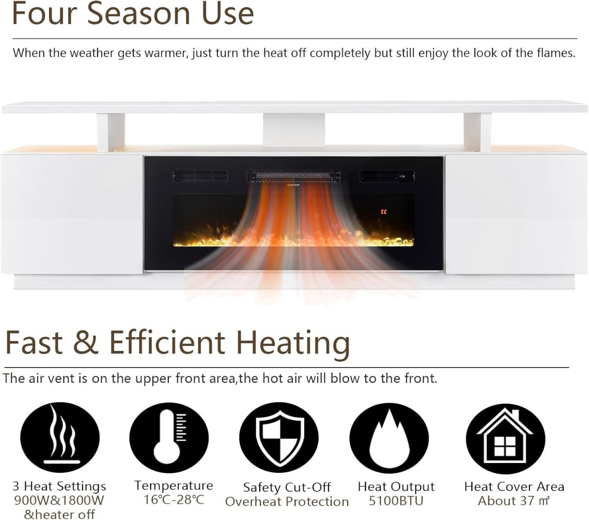 Electric Fireplace TV Stand White Media Console 12 LED Flames 900W/1800W - Kwikley