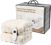 Electric Heated Faux Fur Throw Blanket Cream Luxury Soft 10 Heat Auto Off 160x13 - Kwikley