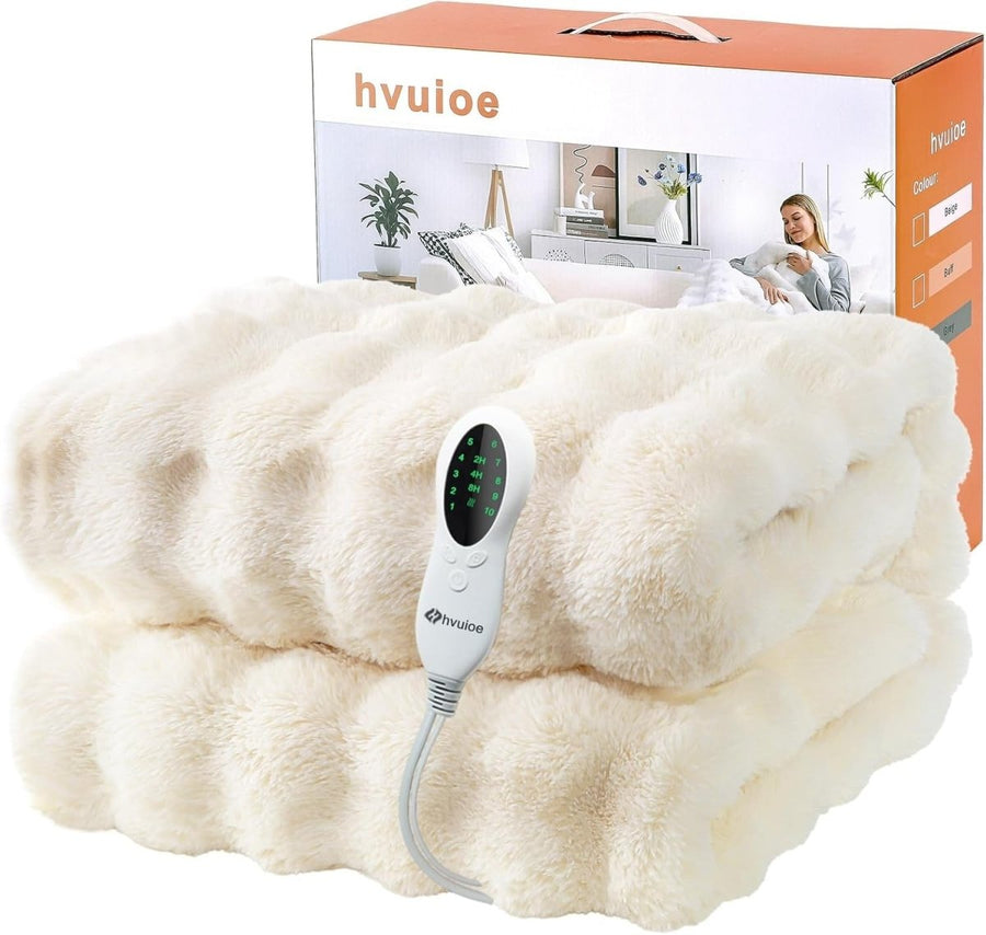 Electric Heated Throw Beige Blanket 160x130cm Faux Rabbit Fur Fast Heat Auto Off - Kwikley