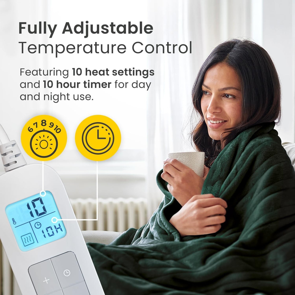 Electric Heated Throw Blanket 10 Heat Levels Timer Remote 160x130cm - Kwikley