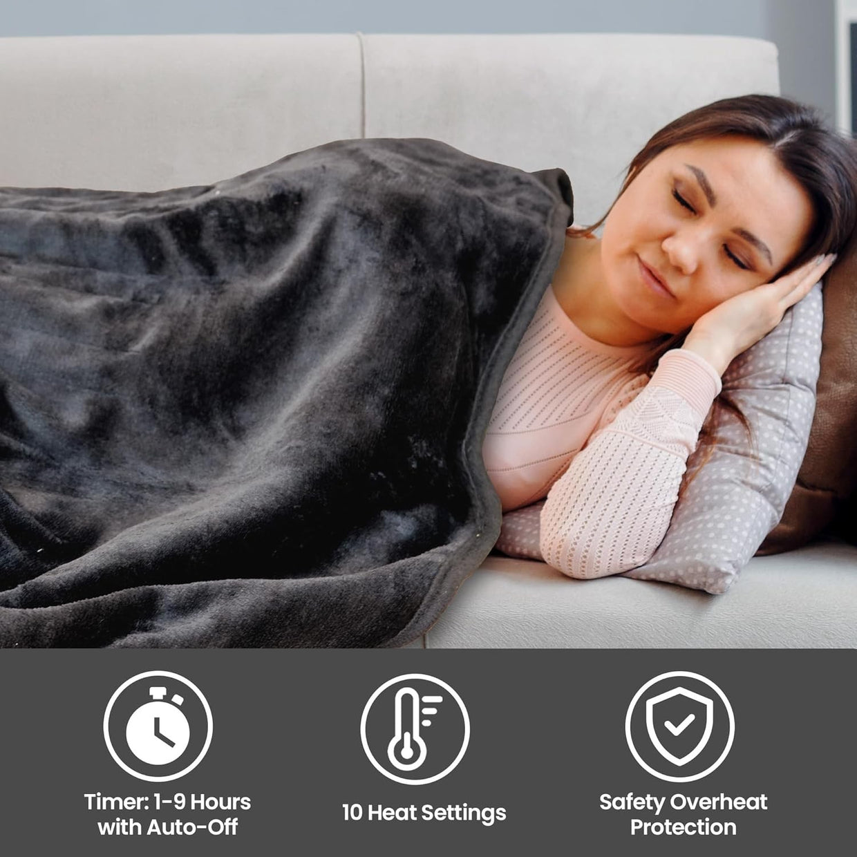 Electric Heated Throw Blanket 120x160cm Soft Fleece Timer 10 Heat Setting - Kwikley