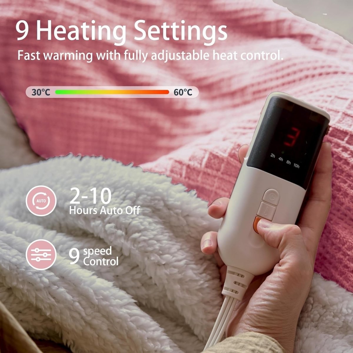 Electric Heated Throw Blanket 130x160cm 9 Timer Auto Off Washable - Kwikley