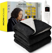 Electric Heated Throw Blanket 130x160cm Black Shearling 9 Heat Levels Timer - Kwikley