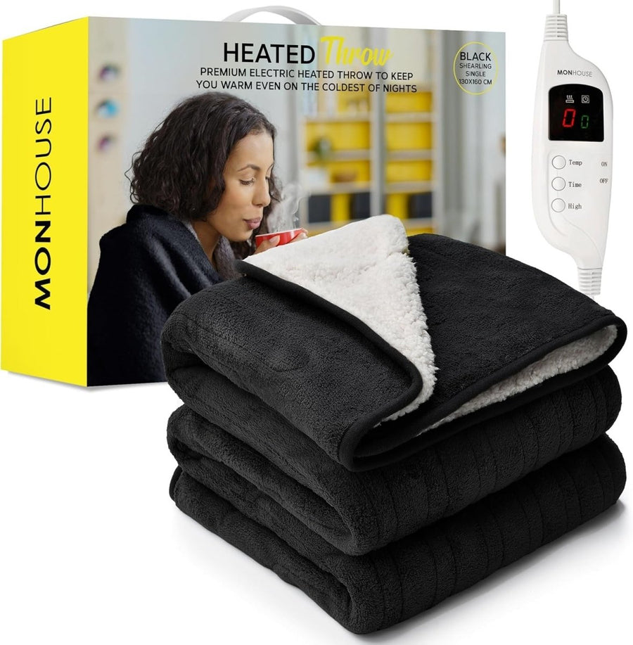 Electric Heated Throw Blanket 130x160cm Black Shearling 9 Heat Levels Timer - Kwikley