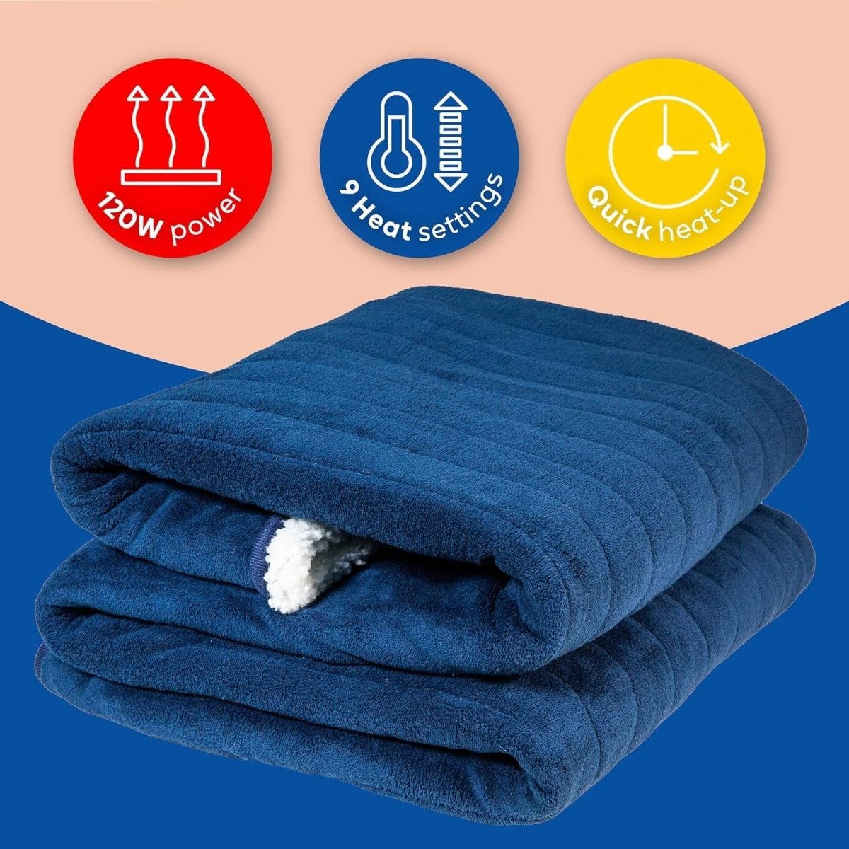 Electric Heated Throw Blanket 130x180cm Blue Sherpa Fleece 9 Heat Timer - Kwikley