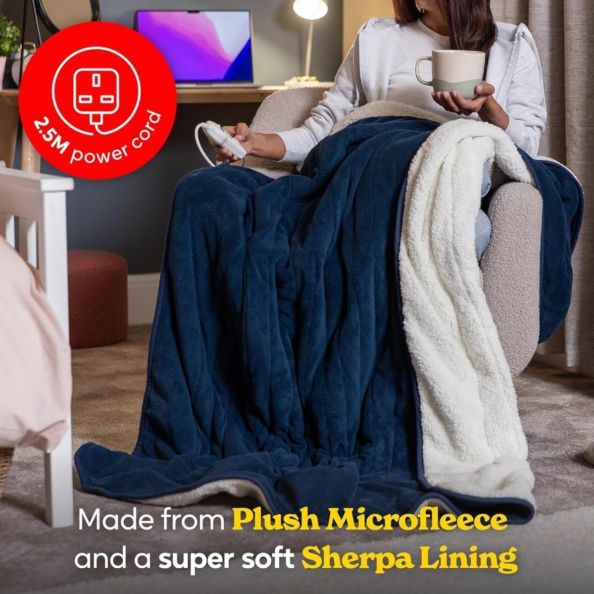 Electric Heated Throw Blanket 130x180cm Blue Sherpa Fleece 9 Heat Timer - Kwikley