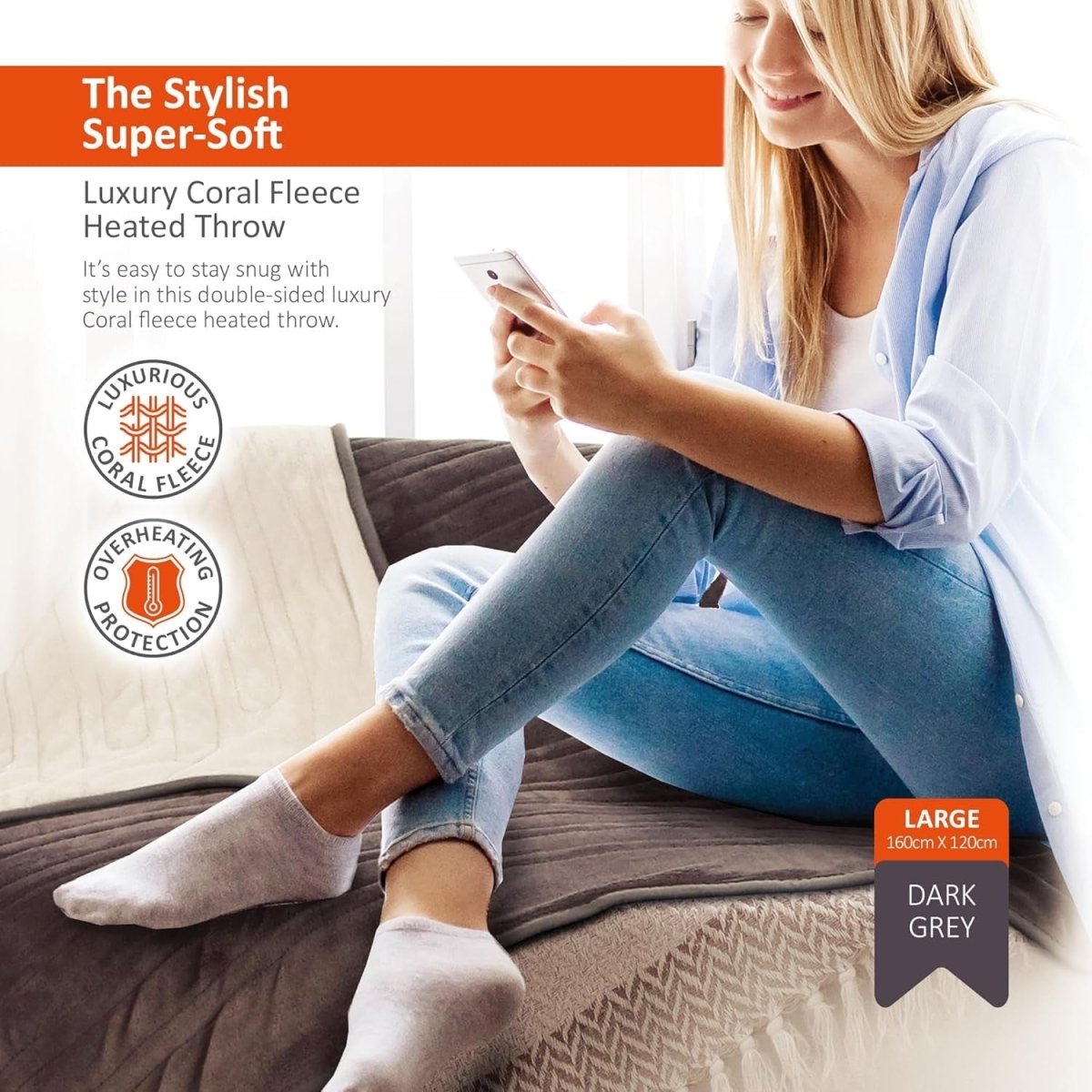 Electric Heated Throw Blanket 160x120cm 9 Heat Settings Auto Shut Off - Kwikley