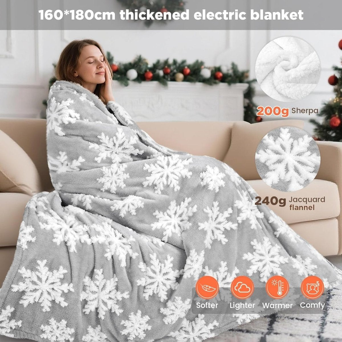 Electric Heated Throw Blanket 160x180cm Sherpa Fleece 10 Heat Snowflake - Kwikley