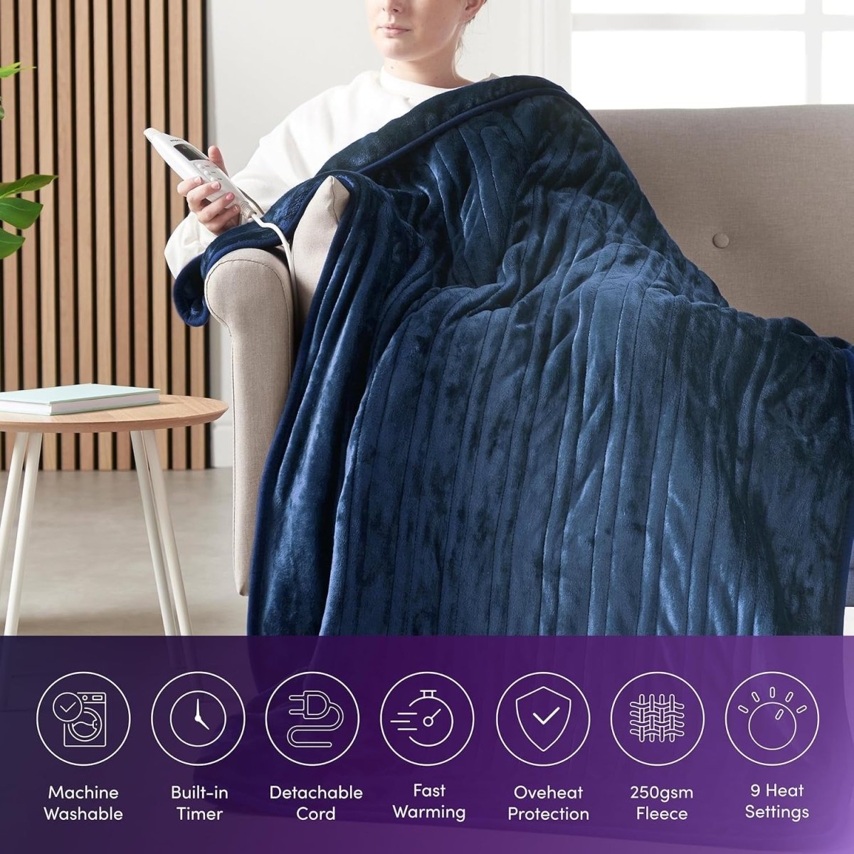 Electric Heated Throw Blanket 9 Heat Settings Timer Soft Fleece 160x130cm - Kwikley