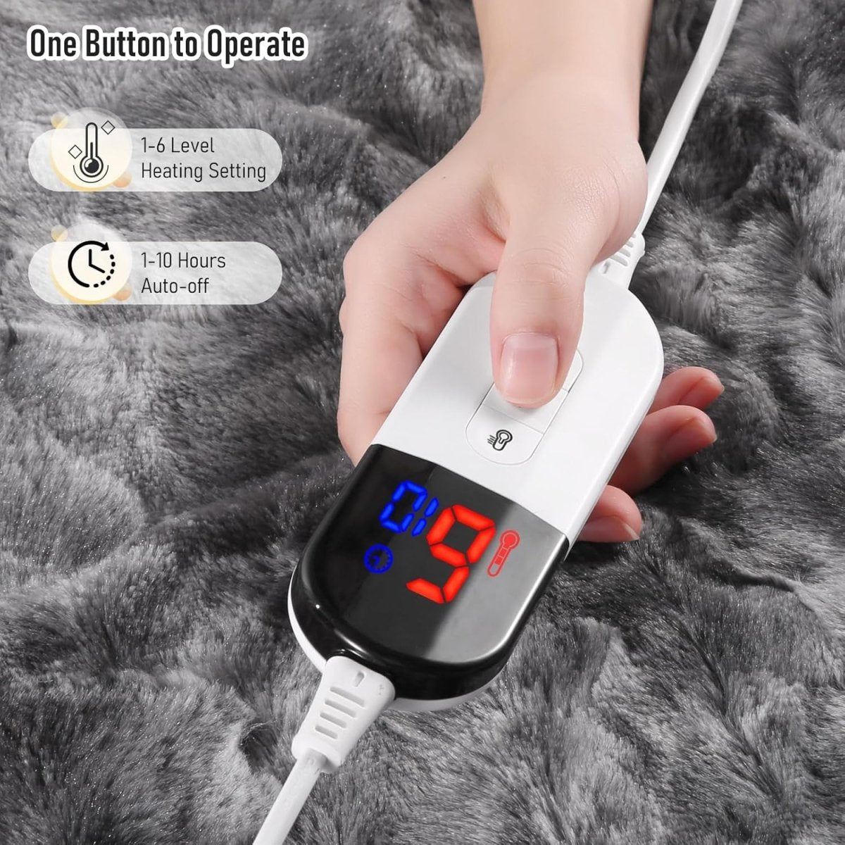 Electric Heated Throw Blanket Faux Fur Shaggy 6 Heat LED Timer Washable - Kwikley