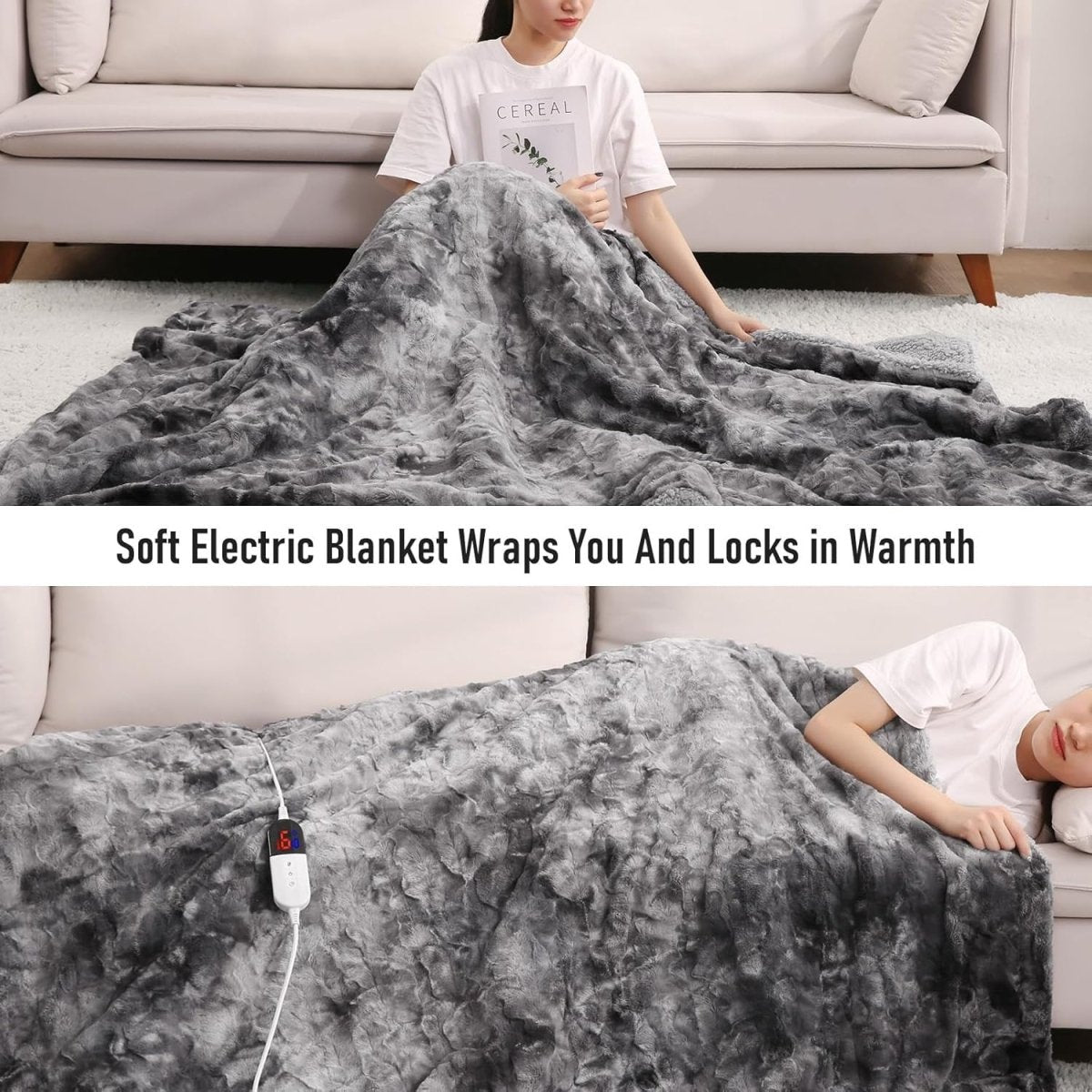 Electric Heated Throw Blanket Faux Fur Shaggy 6 Heat LED Timer Washable - Kwikley