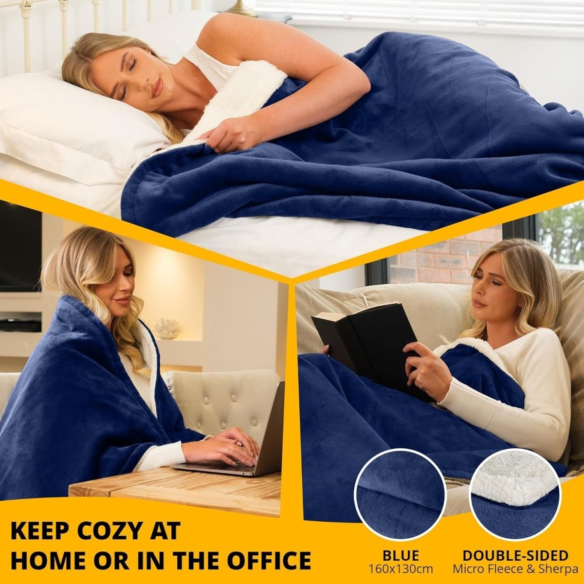 Electric Heated Throw Blanket Fleece Sherpa Fast Heat 9 Settings Timer - Kwikley