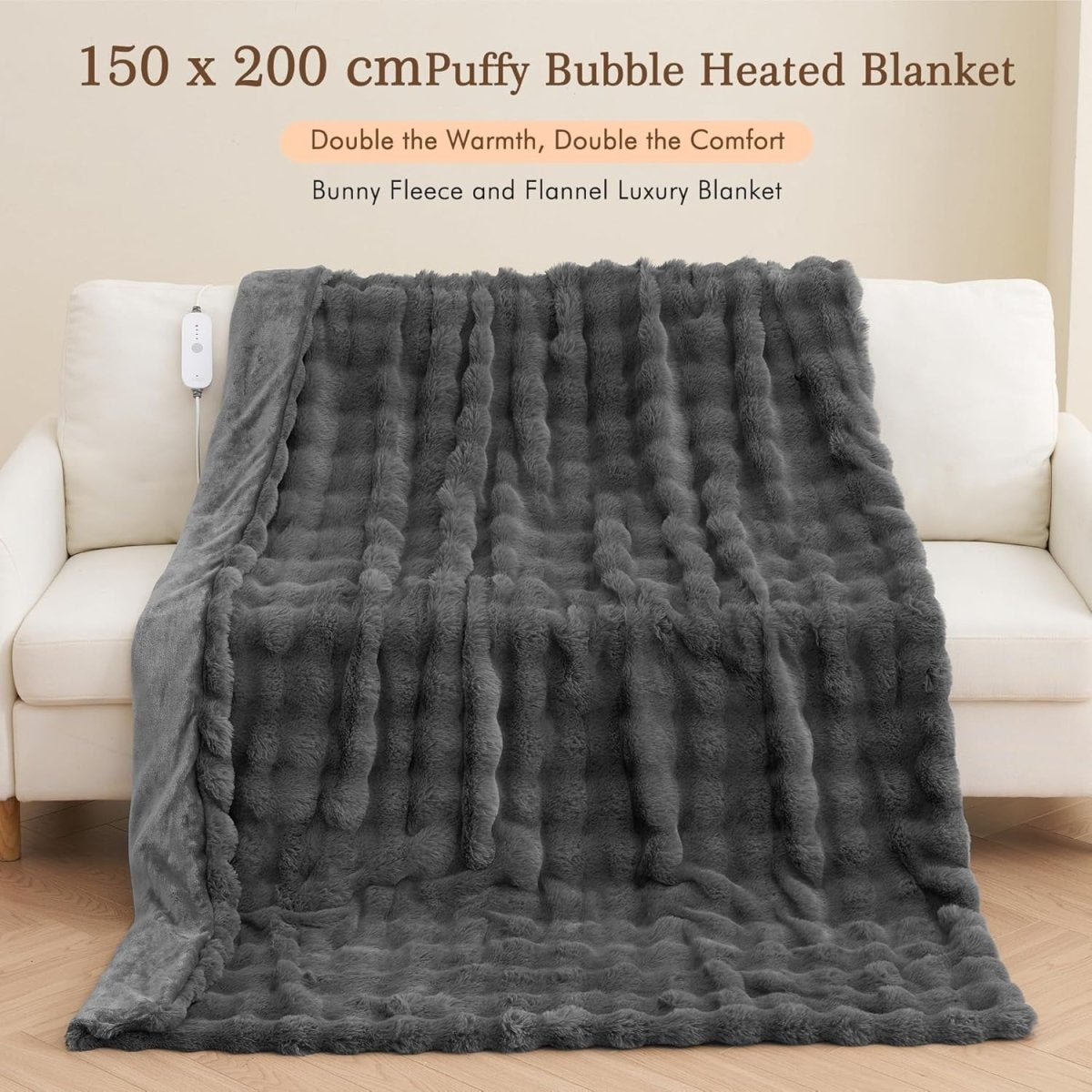 Electric Heated Throw Blanket Grey 150x200cm Faux Fur 4 Heat Auto Off - Kwikley