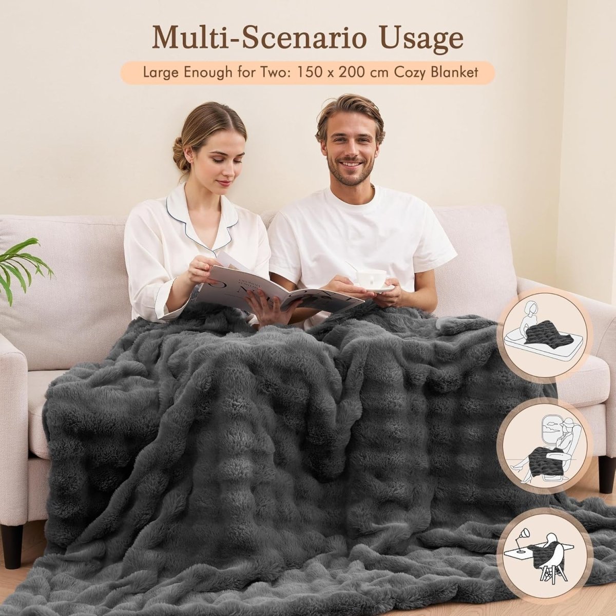 Electric Heated Throw Blanket Grey 150x200cm Faux Fur 4 Heat Auto Off - Kwikley