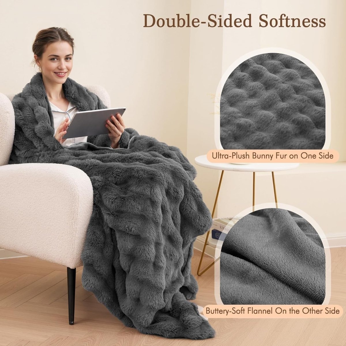 Electric Heated Throw Blanket Grey 150x200cm Faux Fur 4 Heat Auto Off - Kwikley