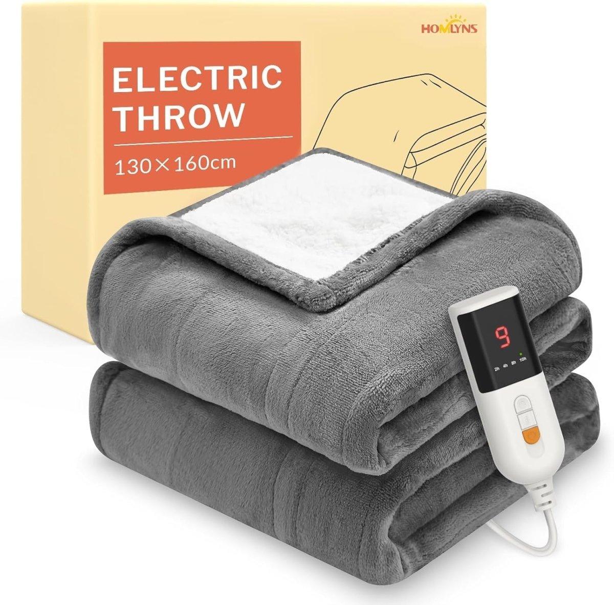 Electric Heated Throw Blanket Grey Sherpa Fleece 130x160cm 9 Heat Timer - Kwikley