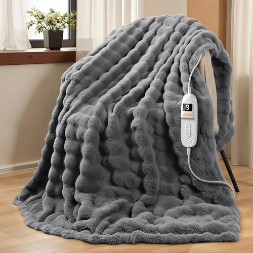 Electric Heated Throw Blanket Large Faux Fur 9 Heat Settings Timer 190x130cm - Kwikley