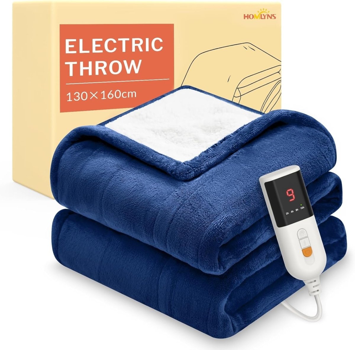 Electric Heated Throw Blanket Navy Sherpa Fleece 130x160cm 9 Heat Timer - Kwikley