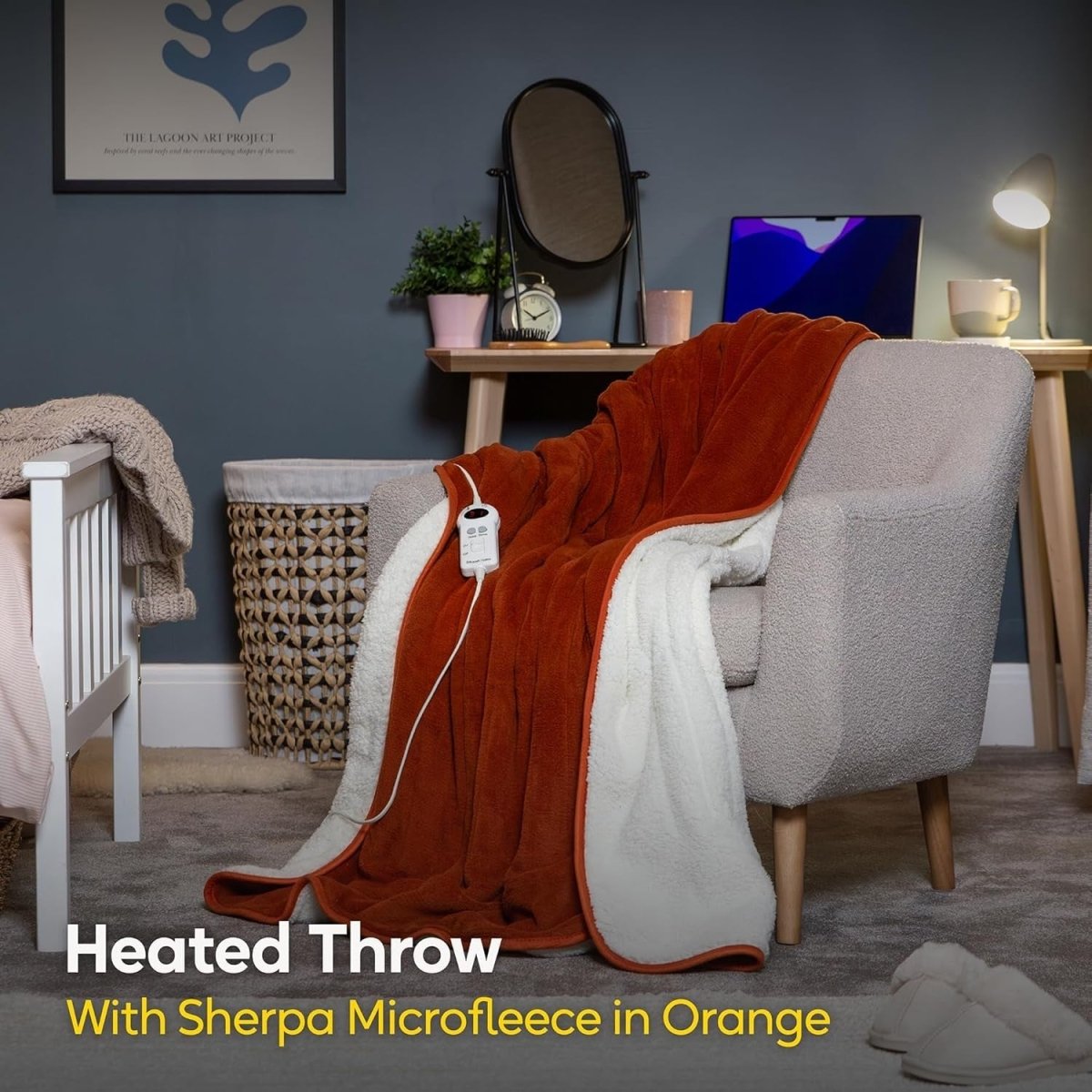 Electric Heated Throw Blanket Orange Microfleece 130x180cm 9 Heat Timer Auto Off - Kwikley