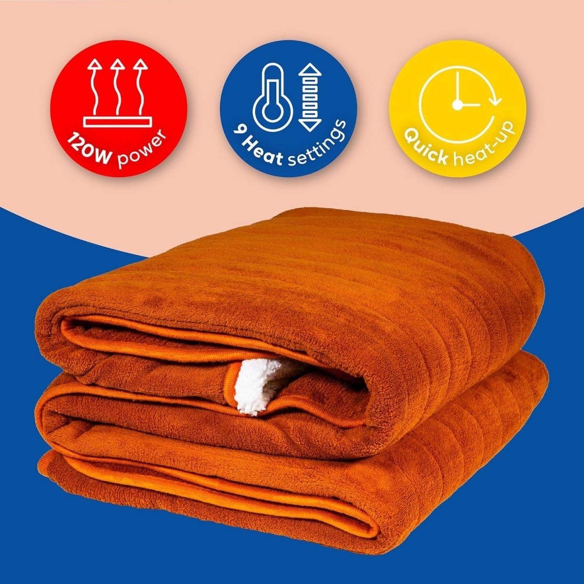 Electric Heated Throw Blanket Orange Microfleece 130x180cm 9 Heat Timer Auto Off - Kwikley