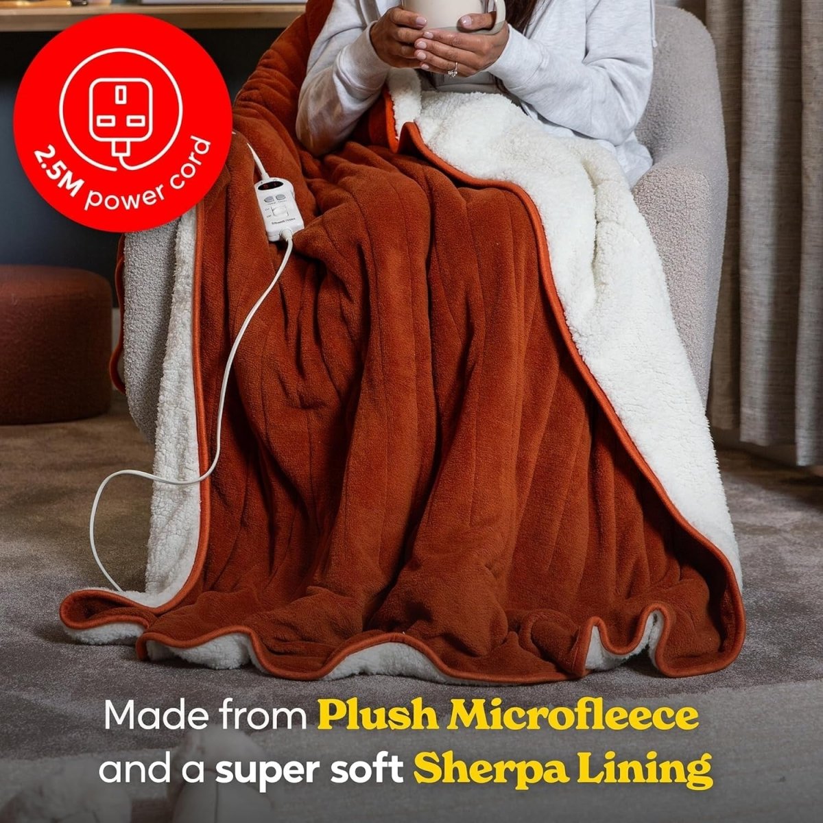 Electric Heated Throw Blanket Orange Microfleece 130x180cm 9 Heat Timer Auto Off - Kwikley