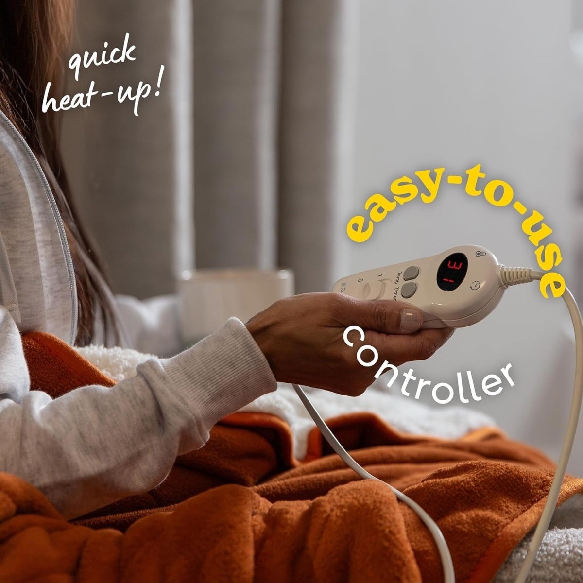 Electric Heated Throw Blanket Orange Microfleece 130x180cm 9 Heat Timer Auto Off - Kwikley