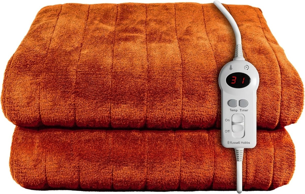 Electric Heated Throw Blanket Orange Microfleece 130x180cm 9 Heat Timer Auto Off - Kwikley