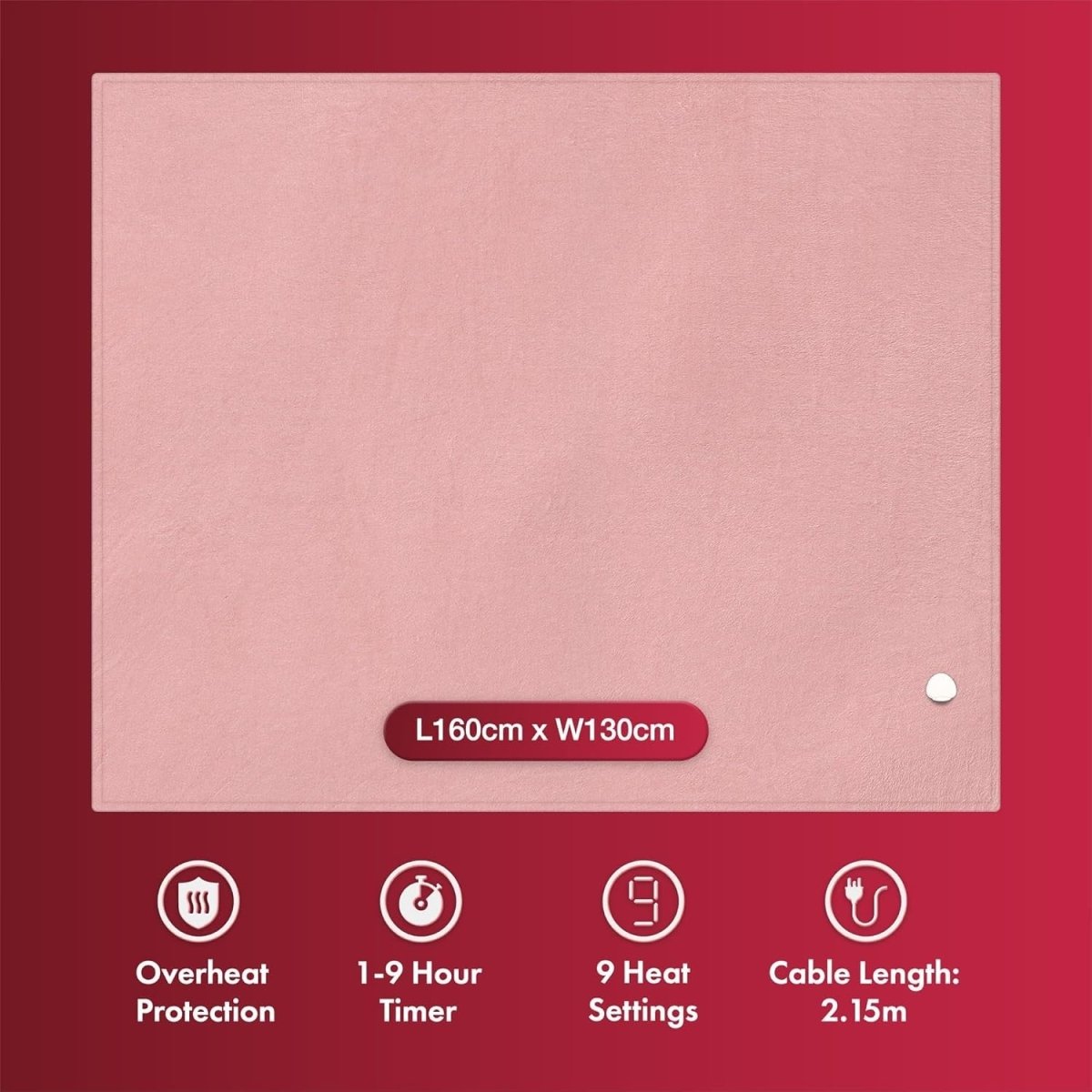 Electric Heated Throw Blanket Pink 160x130cm Soft Fleece 9 Heat Timer - Kwikley