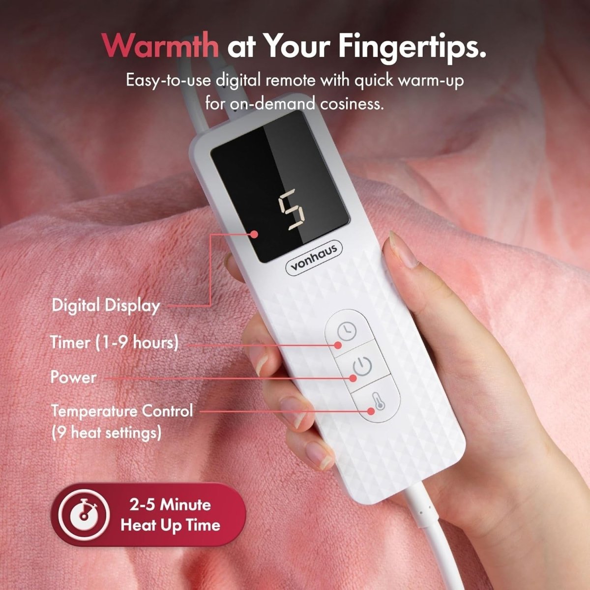 Electric Heated Throw Blanket Pink 160x130cm Soft Fleece 9 Heat Timer - Kwikley