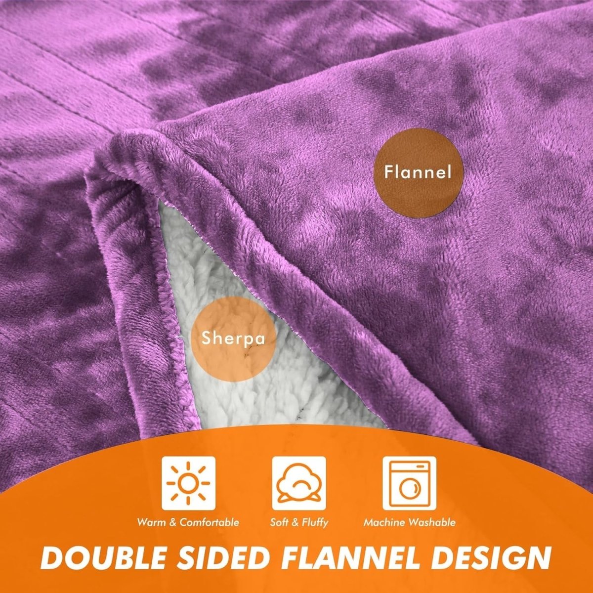 Electric Heated Throw Blanket Purple 130x160cm Sherpa Fleece 10 Heat Auto Off - Kwikley
